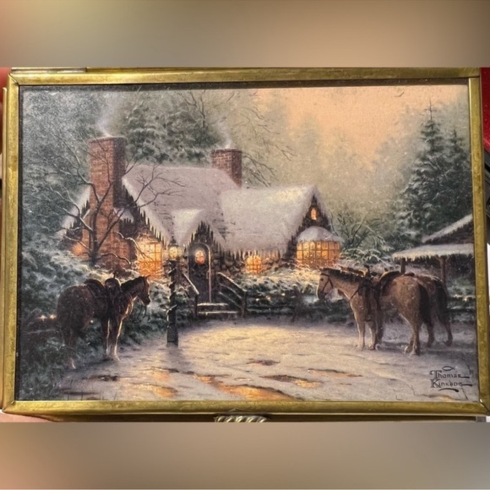 Thomas kinkade Etched Glass & Brass
Jewelry Trinket Box Mexico Enesco